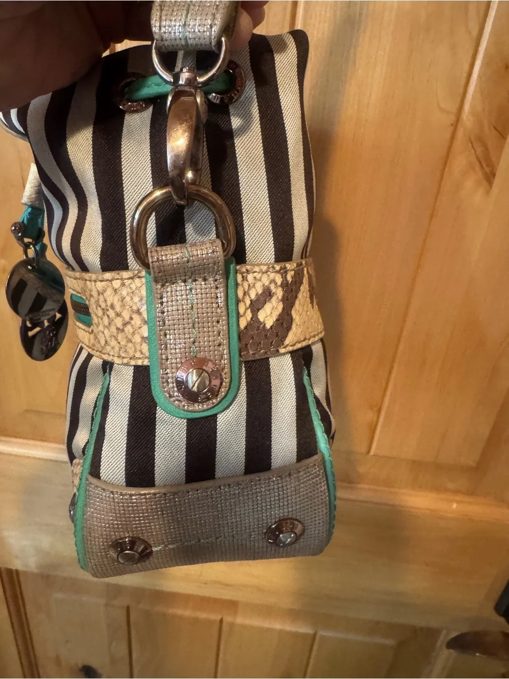 Henri Bendel Black & Silver stripes with Snake accents, turquoise trim Crossbody - Picture 3 of 11
